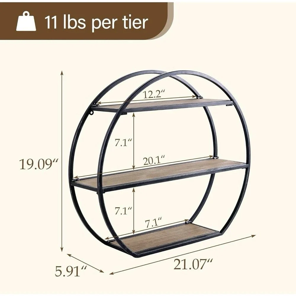 Industrial 3-Tier Semi-Circle Wall Shelves with Metal Bracket and Wood